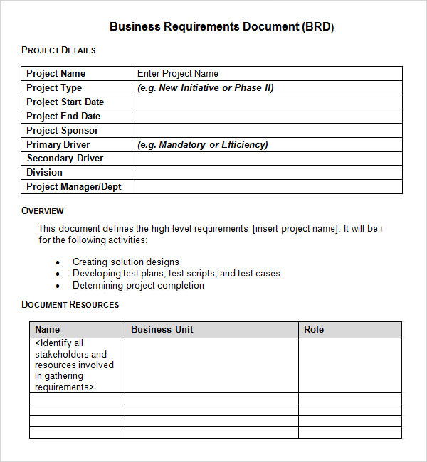 11 Business Requirements Documents Free Pdf Excel Templates