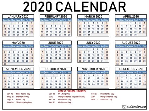 2020 Printable Calendar With Numbered Days