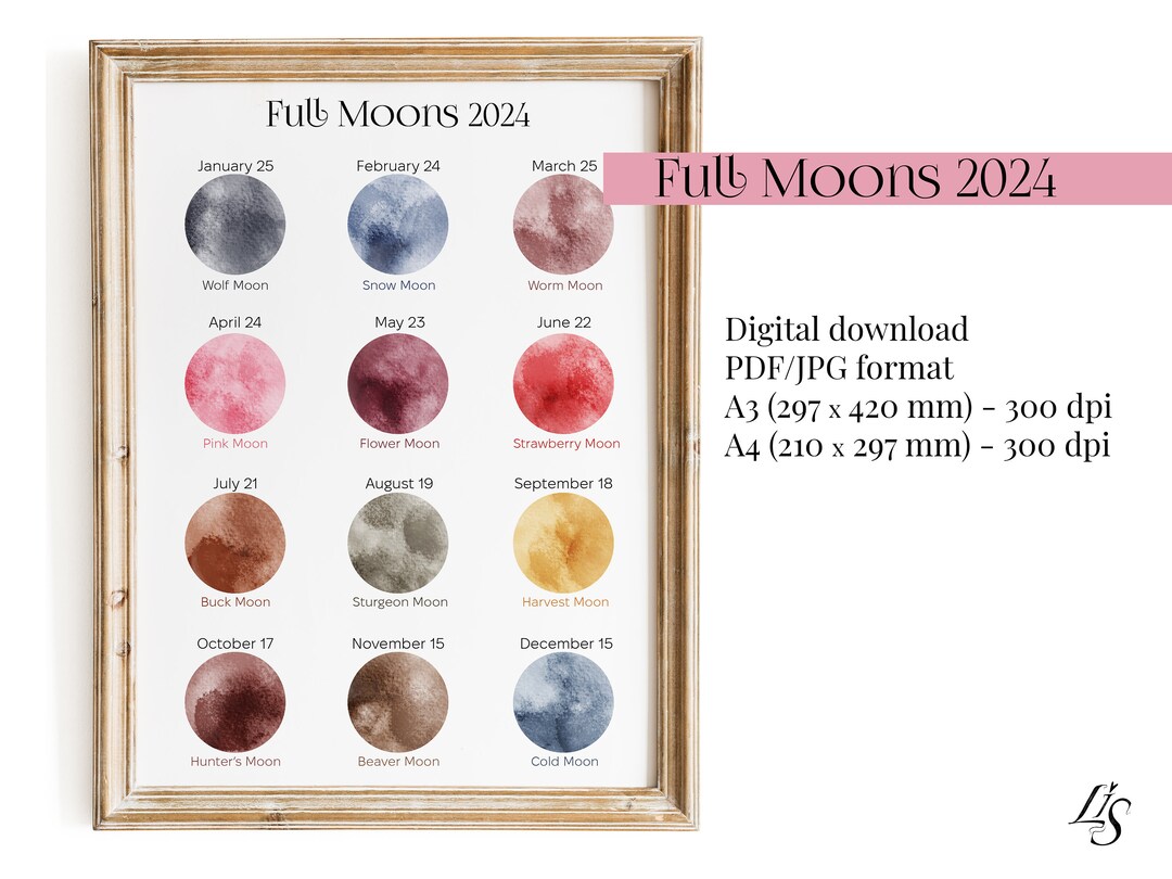 2024 Full Moon Calendar Monthly Moons Names Full Moons Wall Art Pdf