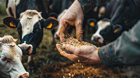 A Farmers Hands Feeding Grain To Cows Inside A Barn The Tactile