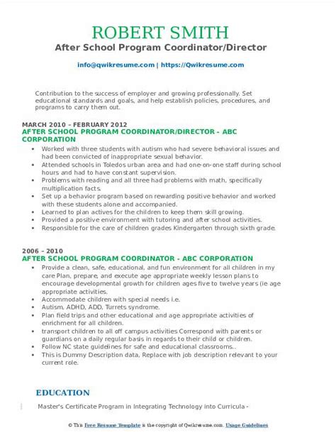 After School Program Coordinator Resume Samples Qwikresume