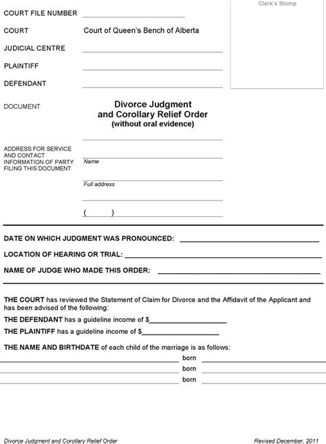 Alberta Divorce Judgment And Corollary Relief Order Form Divorce