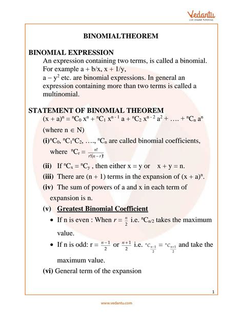 Binomial Theorem And Its Simple Applications Notes Formula Examples