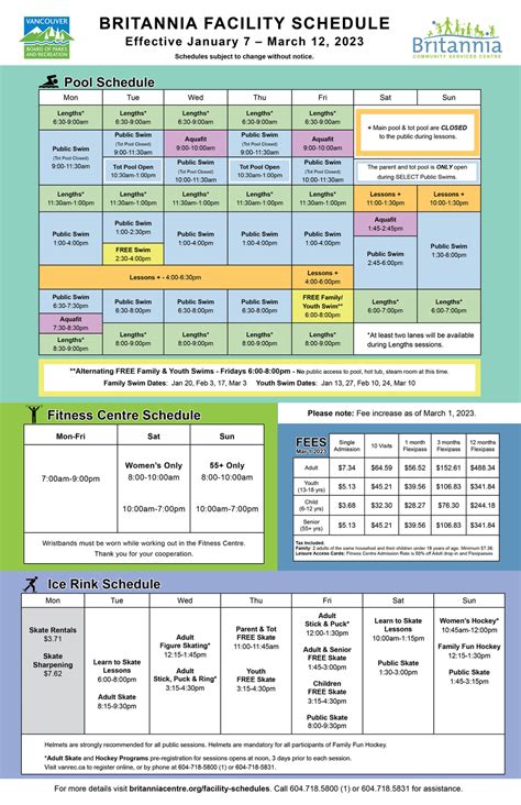 Britannia Community Services Centre Facility Schedules