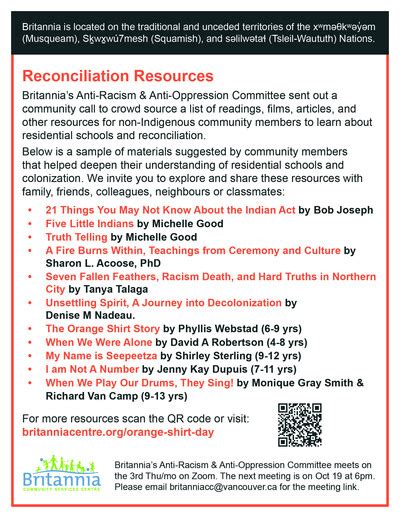 Britannia Community Services Centre Truth Reconciliation Weekend