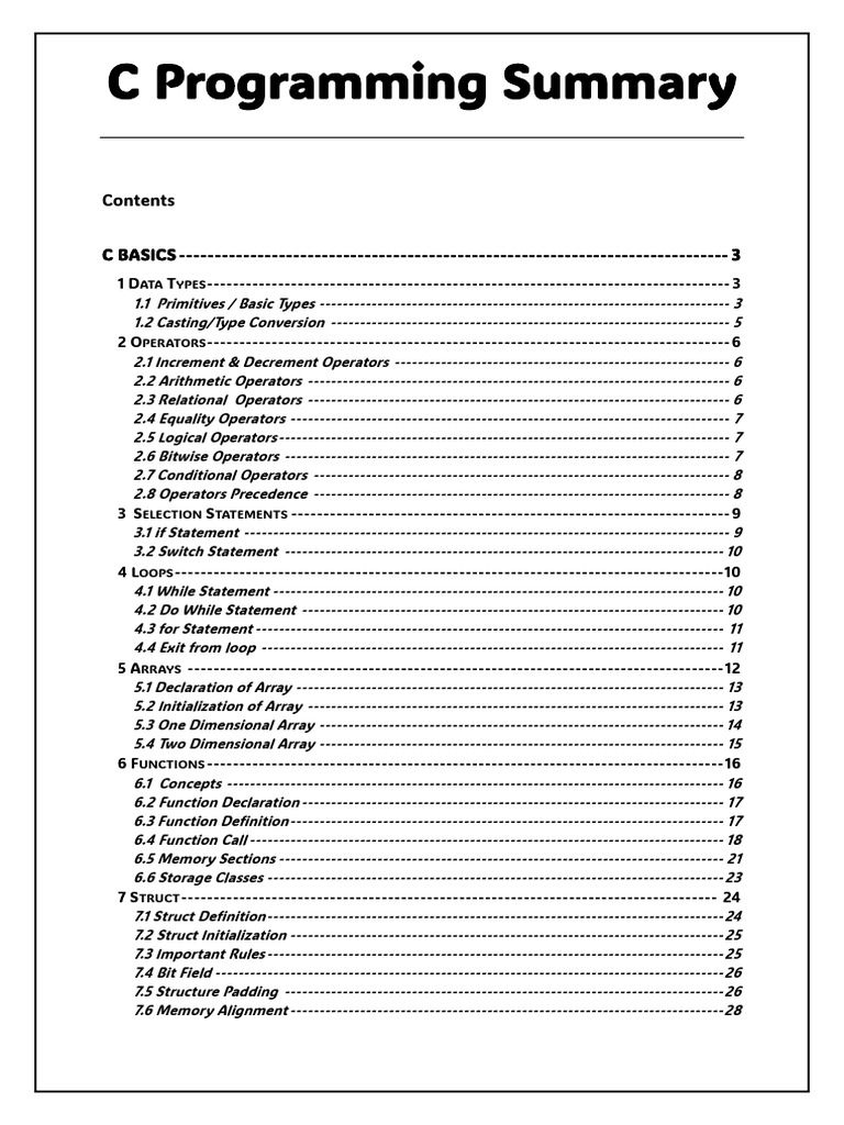 C Programming Summary Computer Science Here Are Summary Notes