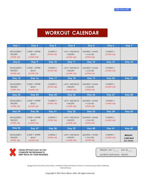 Calendar Workout Plan Farah Skye