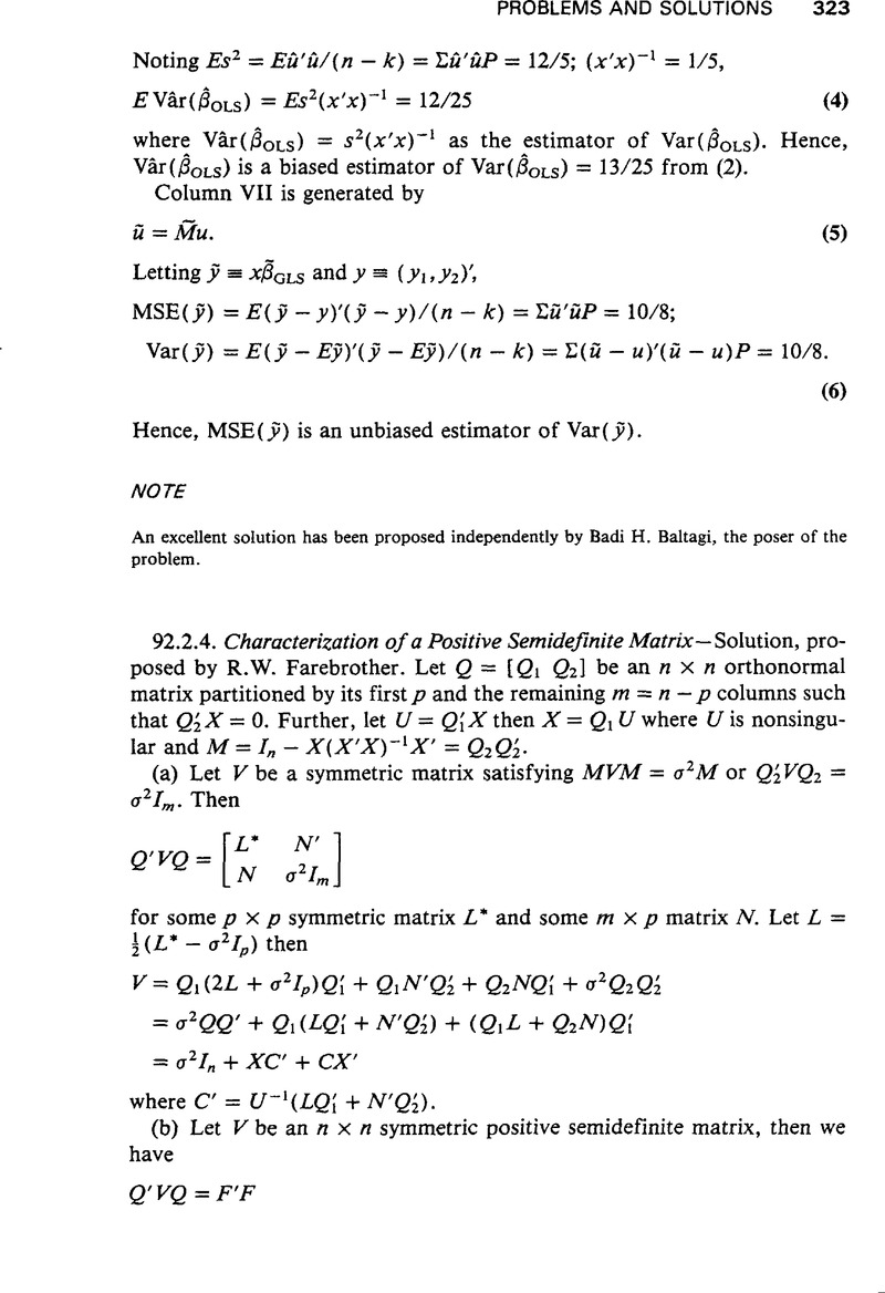 Characterization Of A Positive Semidefinite Matrix Econometric Theory