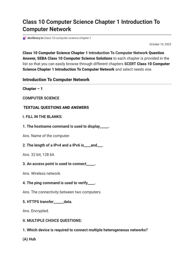 Class 10 Computer Science Chapter 1 Introduction To Computer Network