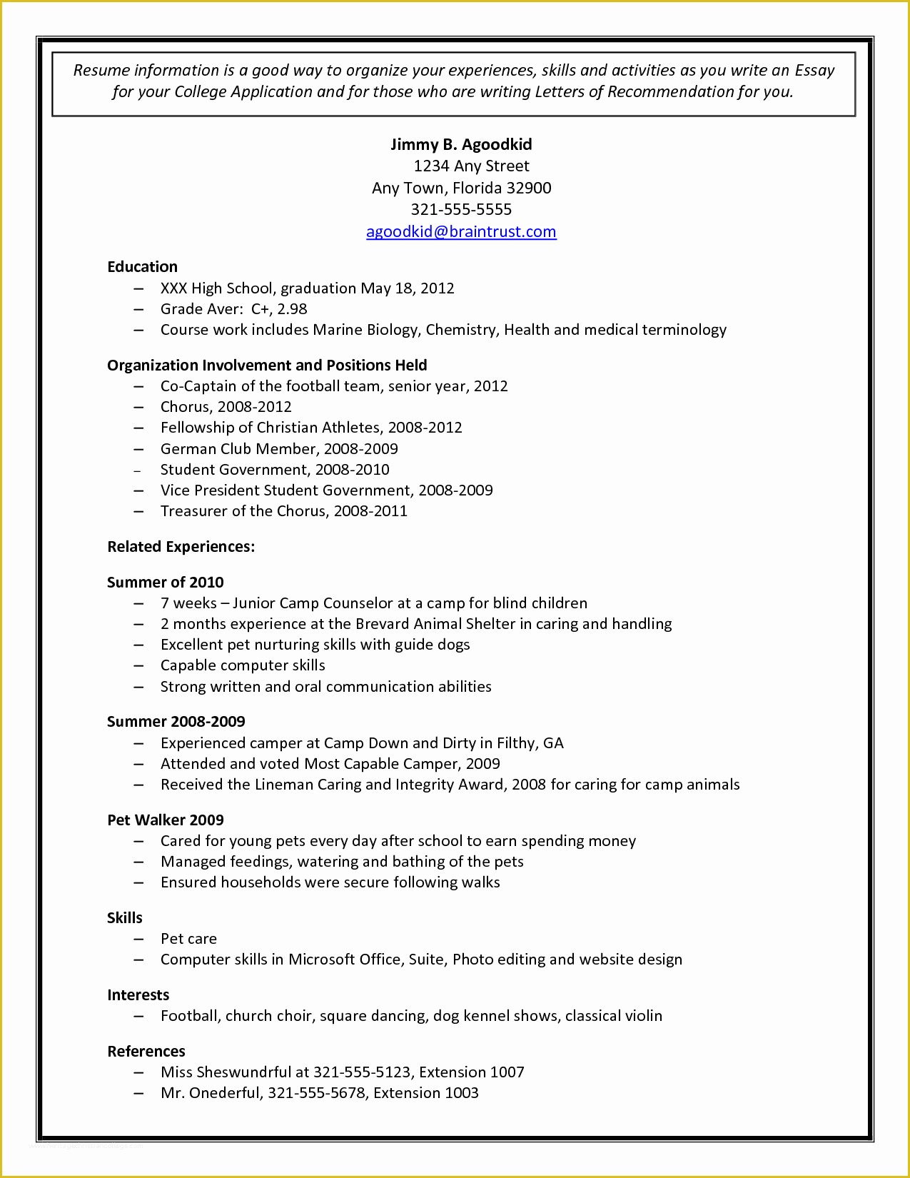 College Application Resume Template Resume Templates For College