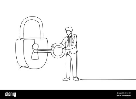 Continuous One Line Drawing Businessman Putting Big Key Into Padlock