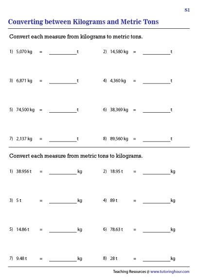 Convert Between Kilogram And Metric Ton Worksheets