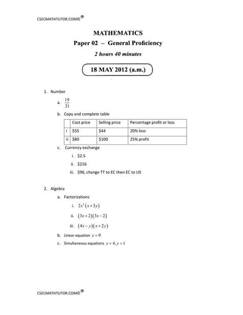 Csec Mathematics May 2012 Solutions Csec Math Tutor