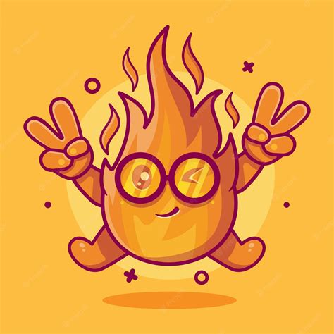 Cute Fire Flame Character Mascot With Peace Sign Hand Gesture Isolated