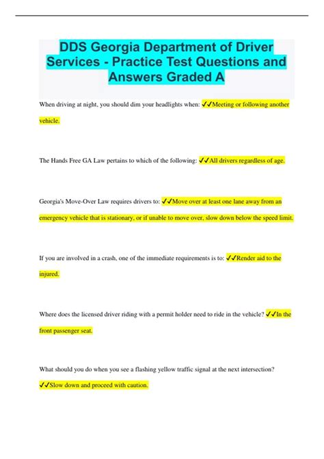 Dds Georgia Department Of Driver Services Practice Test Questions And