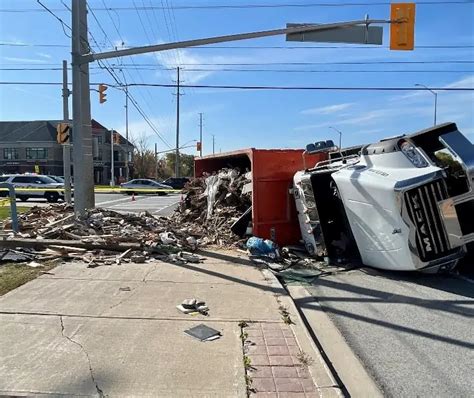 Dump Truck Rolls In Brampton Driver In Life Threatening Condition