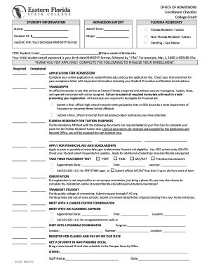 Fillable Online Admissions Application Checklist Eastern Florida