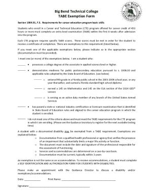 Fillable Online Big Bend Technical College Tabe Exemption Form Fax