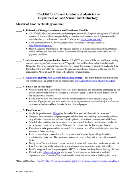 Fillable Online Foodscience Caes Uga Checklist For Current Graduate