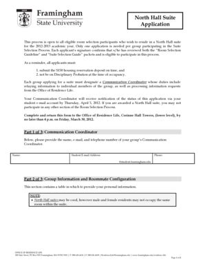 Fillable Online Framingham North Hall Suite Application Framingham