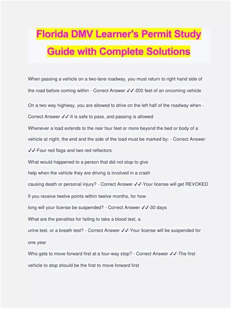 Florida Dmv Learner S Permit Study Guide With Complete Solutions