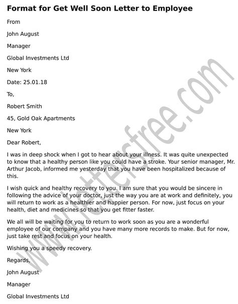 Format For Get Well Soon Letter To Employee Formal Get Well Soon Letter