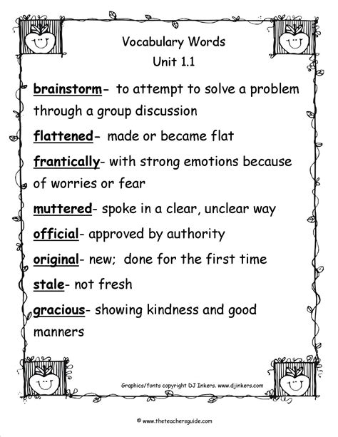 Fourth Grade Vocabulary Words And Definitions