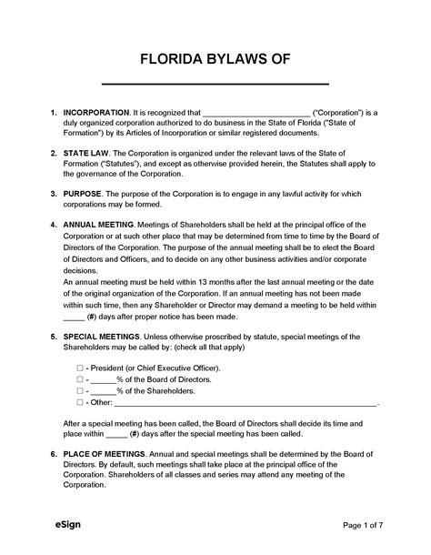 Free Florida Corporate Bylaws Template Pdf Word Eforms