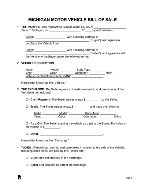 Free Michigan Bill Of Sale Form Download Pdf Word