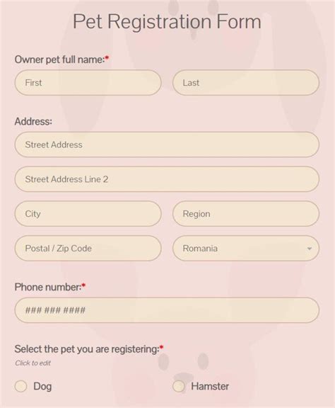 Free Online Pet Registration Form Template 123Formbuilder