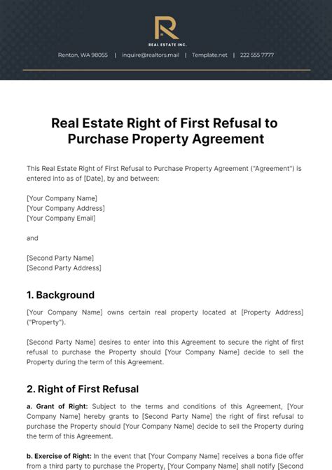 Free Real Estate Right Of First Refusal To Purchase Property Agreement