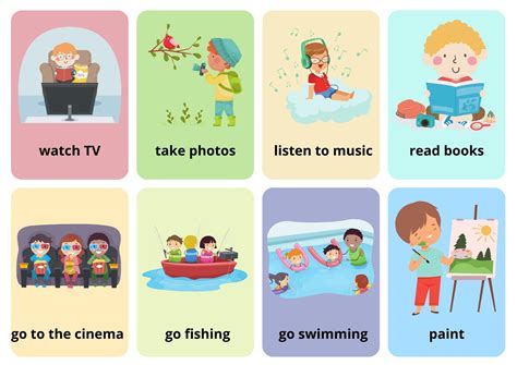 Free Time Activities Flashcards With Words Ezpzlearn Com