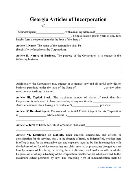 Georgia Articles Of Incorporation Template