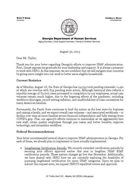 Georgia Response To Fns Snap Letter Pdf Supplemental Nutrition