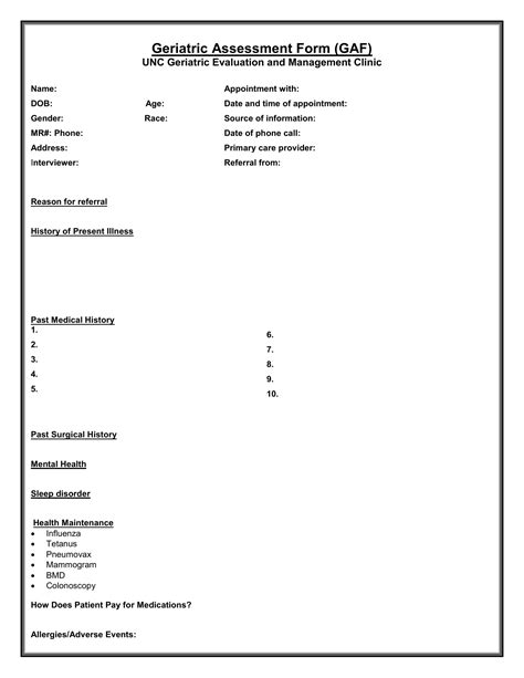 Geriatric Assessment Form Gaf Unc Geriatric Evaluation And Management