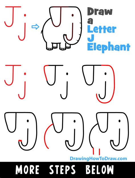 How To Draw A Cartoon Elephant With Letter J Shapes Easy Step By Step