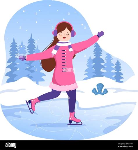 Ice Skating Hand Drawn Cartoon Flat Illustration Of Winter Fun Outdoors