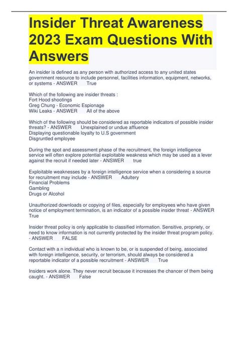 Insider Threat Awareness Exam Answers 2024 Insider Threat Aw