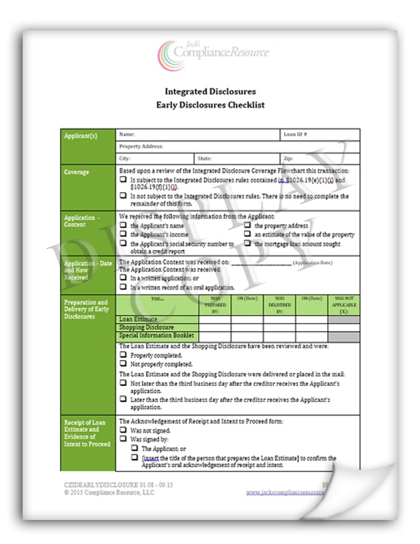 Integrated Disclosures Early Disclosures Checklist Compliance Resource