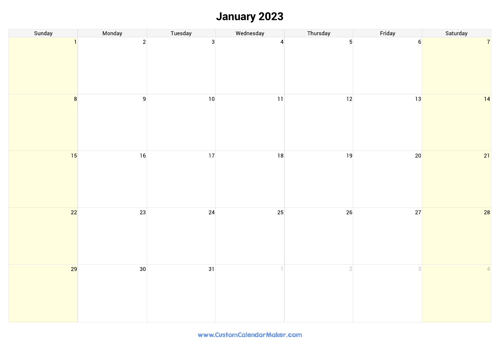 January 2023 Calendar Printable With Highlighted Weekends