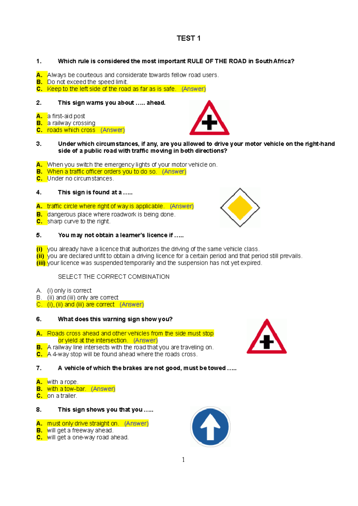 Learner Permit Test Questions And Answers Relating To Road S