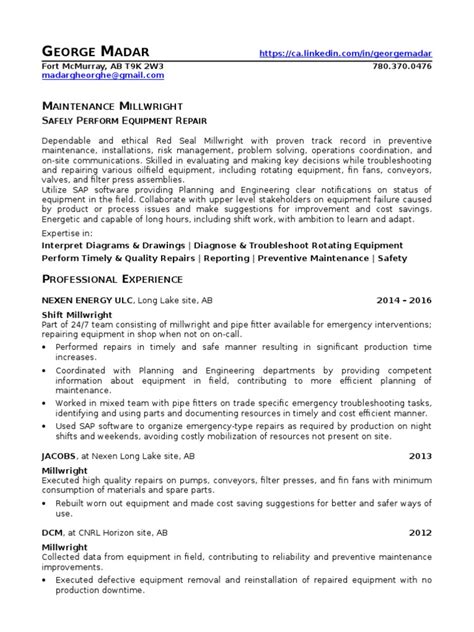 Millwright Industrial Mechanic In Alberta Canada Resume George Madar