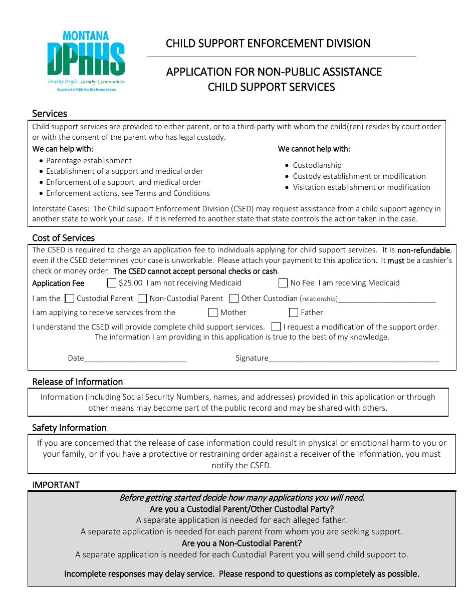 Montana Application For Non Public Assistance Child Support Services