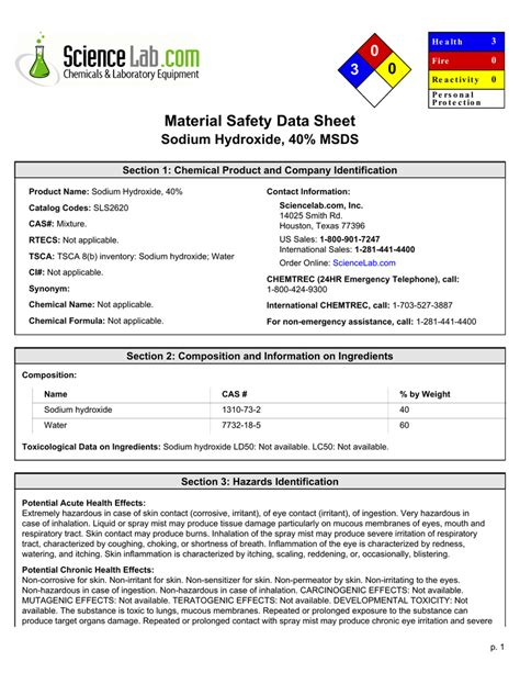 Msds Naoh Sodium Hydroxide Medical Specialties