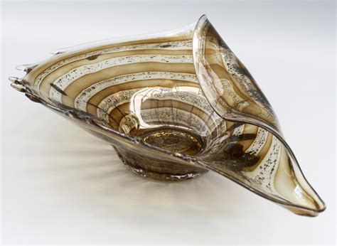 Murano Midcentury Shell Shaped Folded Art Glass Bowl With Inclusions