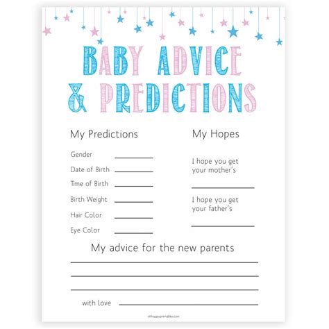 New Baby Advice Amp Predictions Card Gender Reveal Printable Baby Games