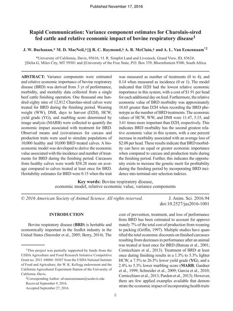 Pdf Rapid Communication Variance Component Estimates For Charolais