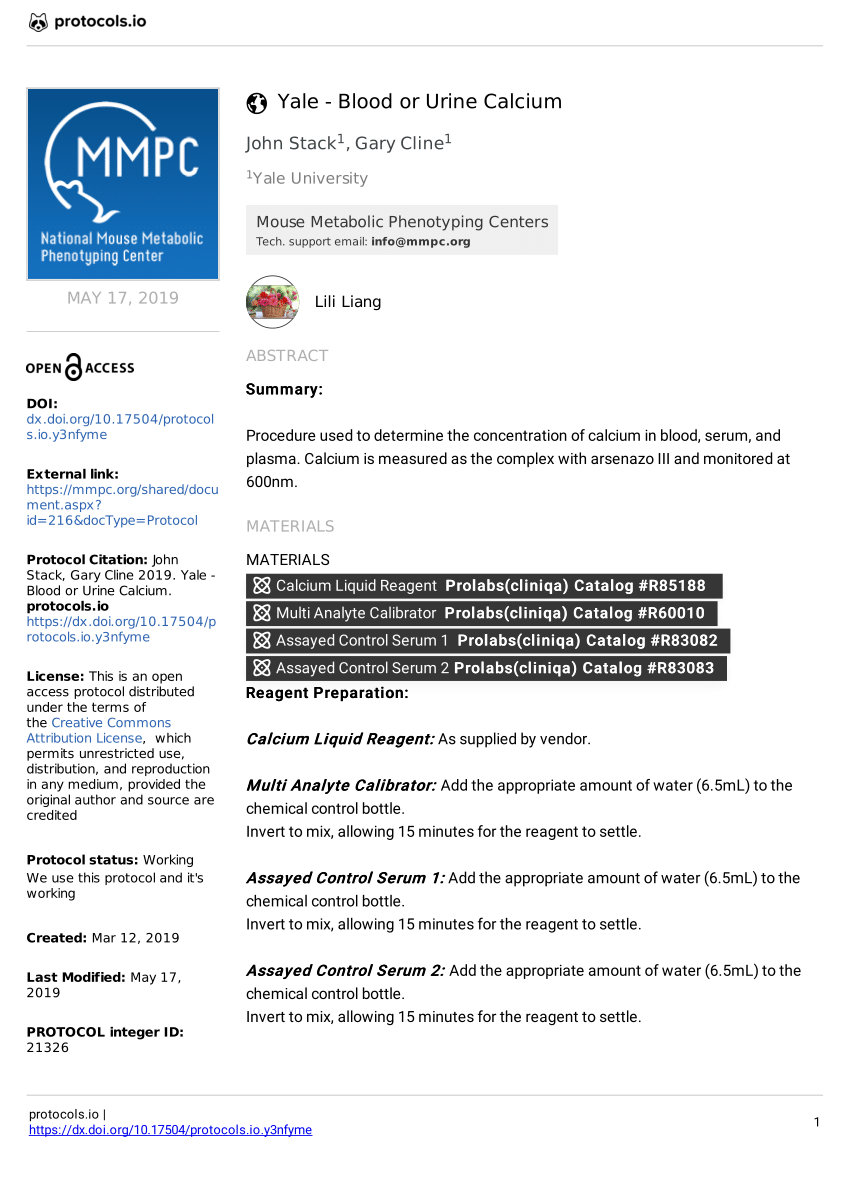 Pdf Yale Blood Or Urine Calcium V1