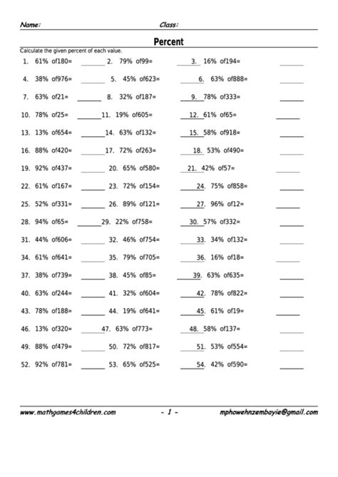 Percent Worksheet With Answer Key Printable Pdf Download