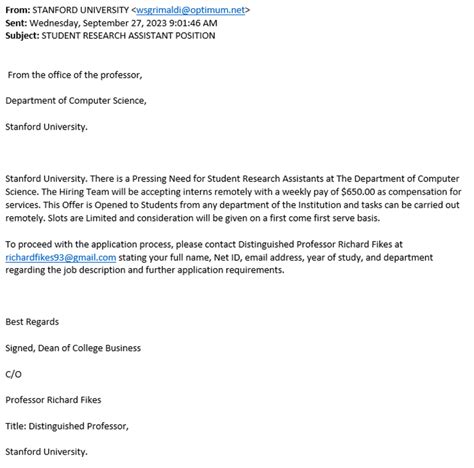 Phishing Email Example Student Research Assistant Position University It